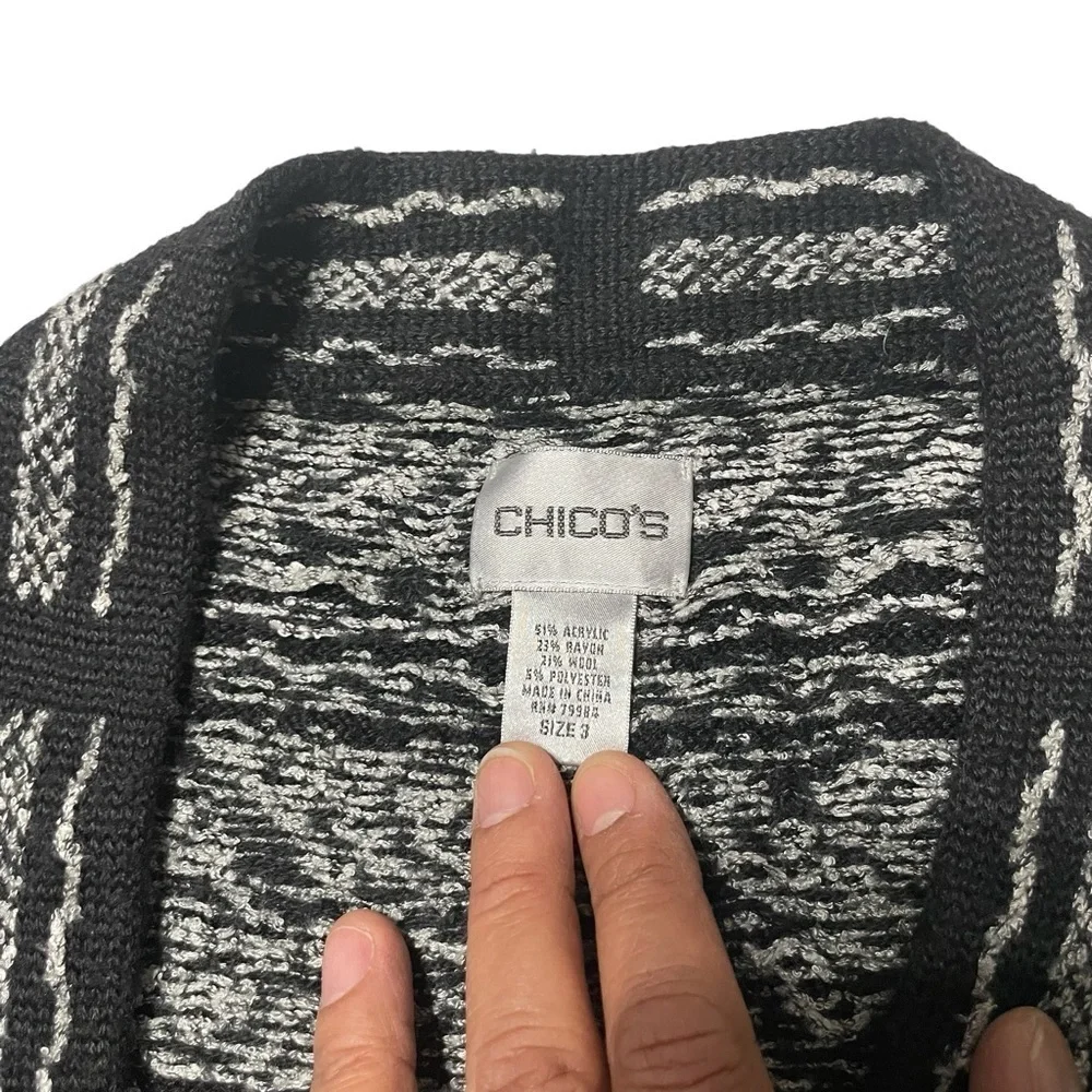 Chico’s Women’s Size 3 (XL) Black Gray Open Front Fringe Cardigan Boho Sweater